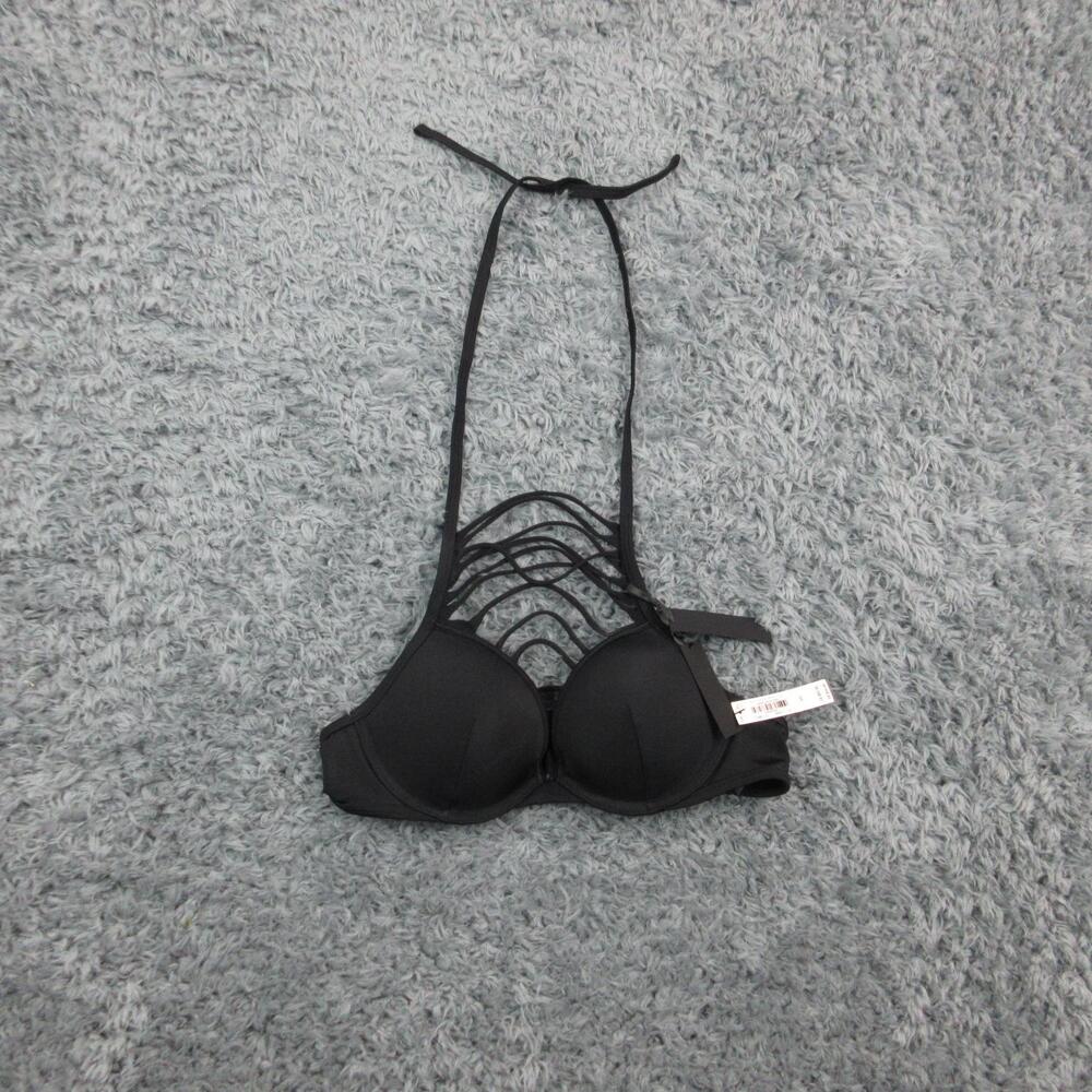 Victorias Secret Swim Bikini Top Womens 34A Black Strappy Halter VS Archives NWT